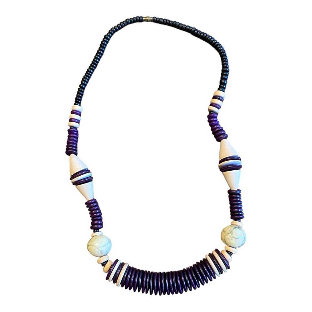 Vintage 1980s Purple & White Beaded Disc Statement Necklace 36.5” EUC
